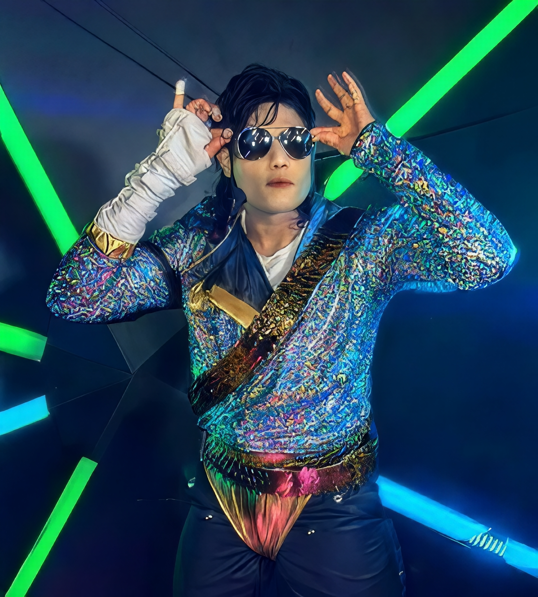 Michael Jackson tribute artist MJ3 in a 1993 Dangerous Tour holographic tunic, gold belt, and sunglasses on a stage in New York City