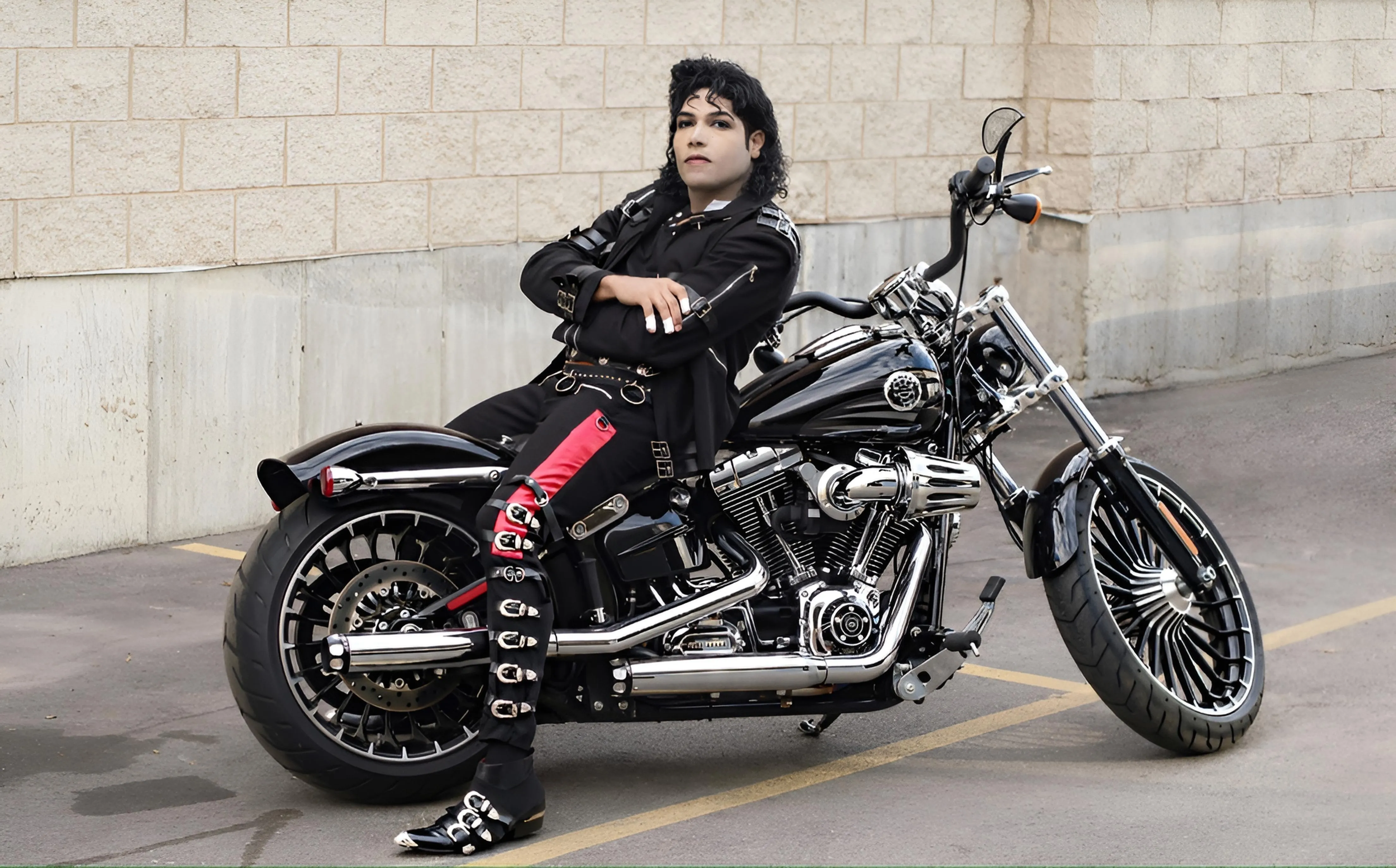 Michael Jackson tribute artist MJ3 posing on a custom black motorcycle in Dallas