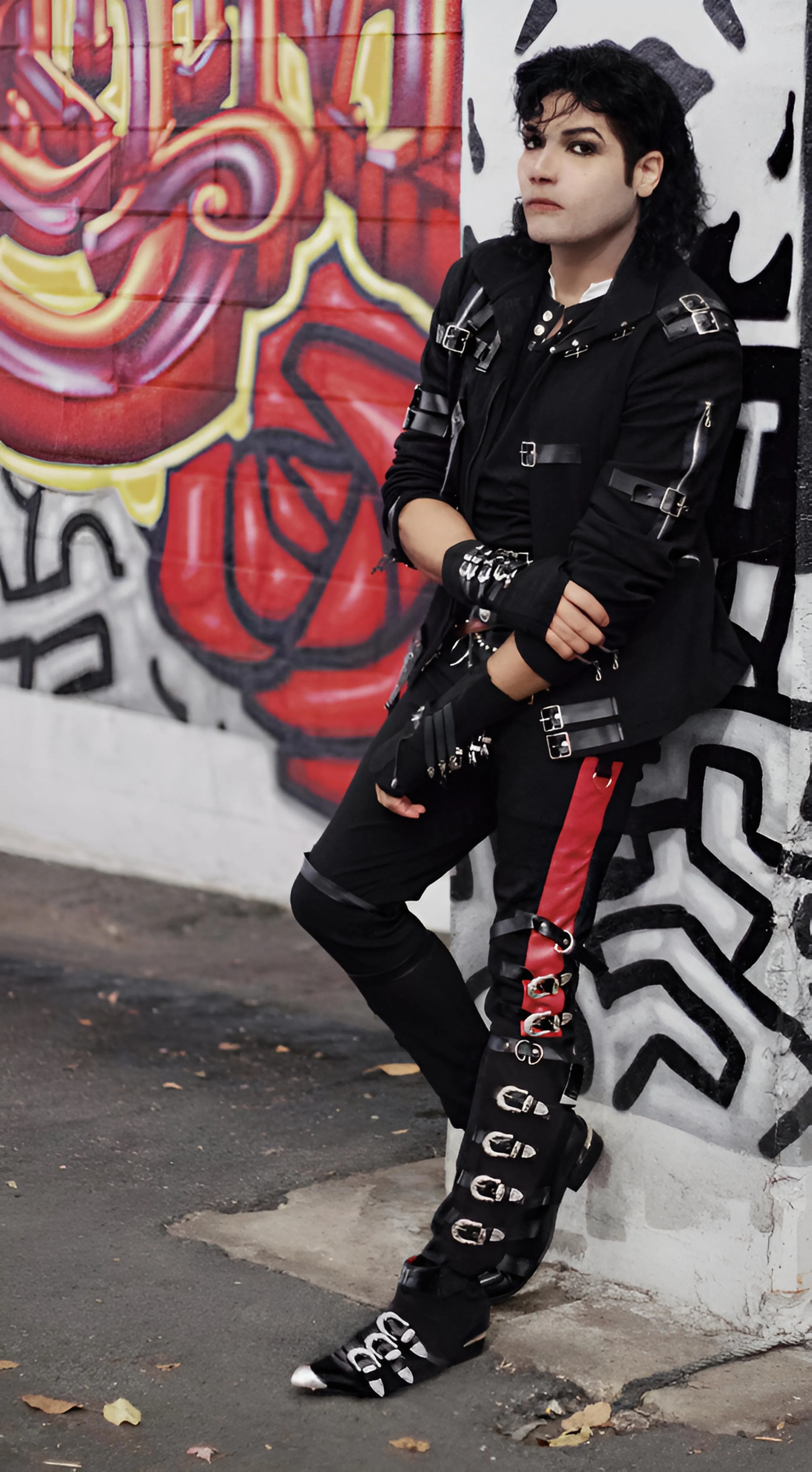 MJ3 in a tailored Bad costume and boots with silver heel guards, leaning against a graffiti column in Singapore
