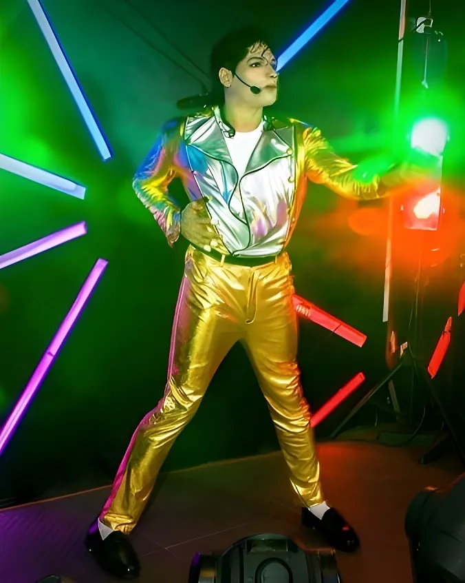 Tribute artist MJ3 wearing a futuristic gold-and-silver lamé HIStory Tour costume for a Las Vegas show