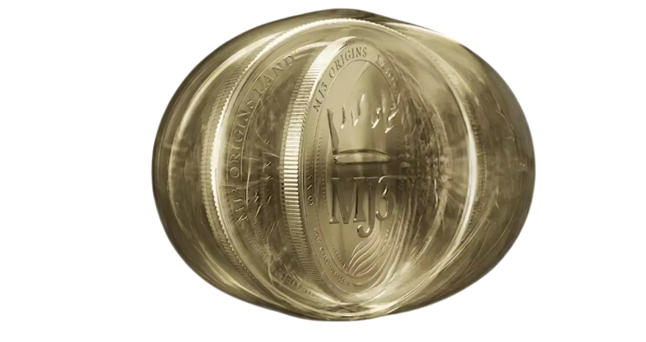 MJ3 Origins Land gold coin engraved with the signature emblem